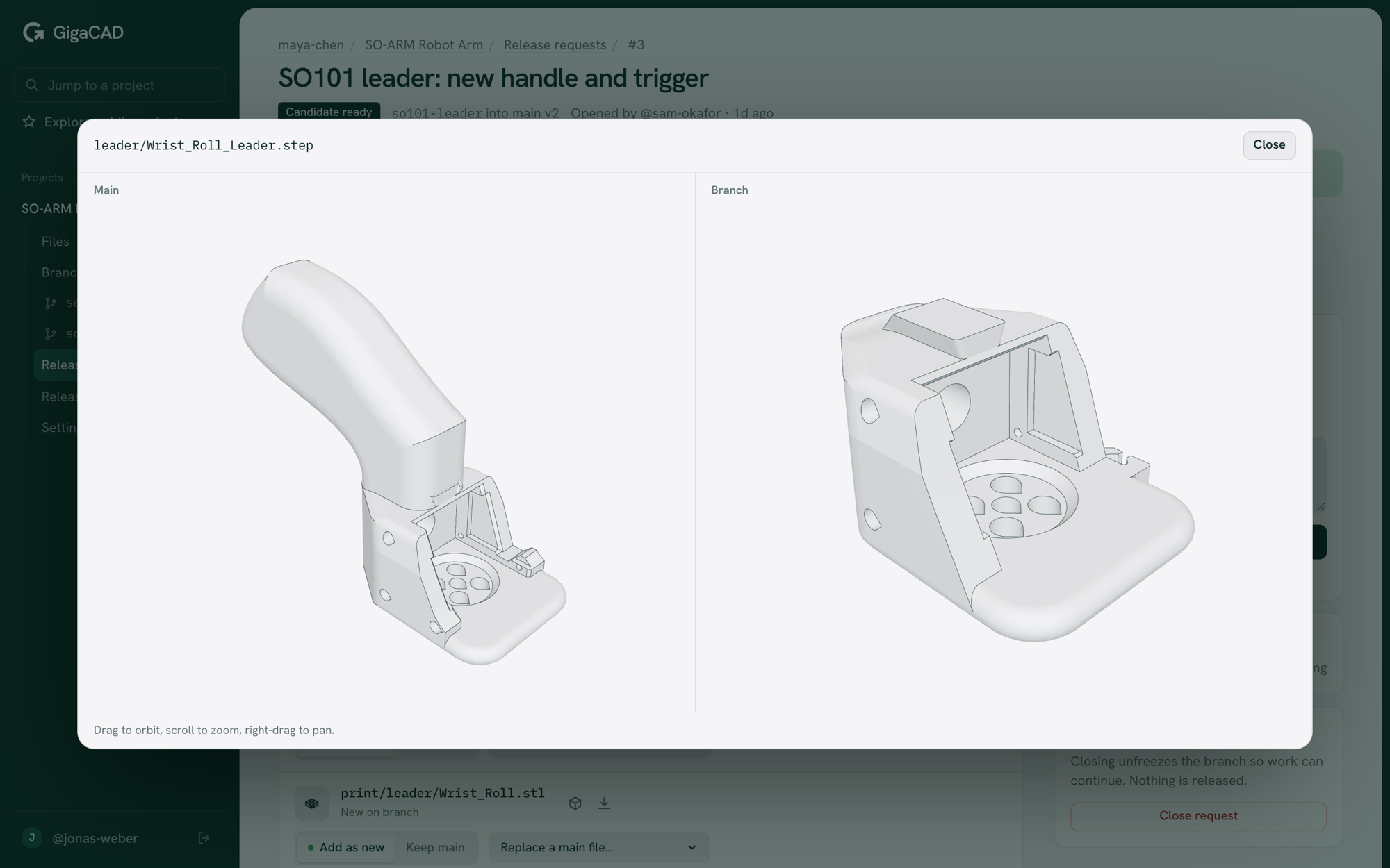 Comparing a part's main and branch versions in 3D